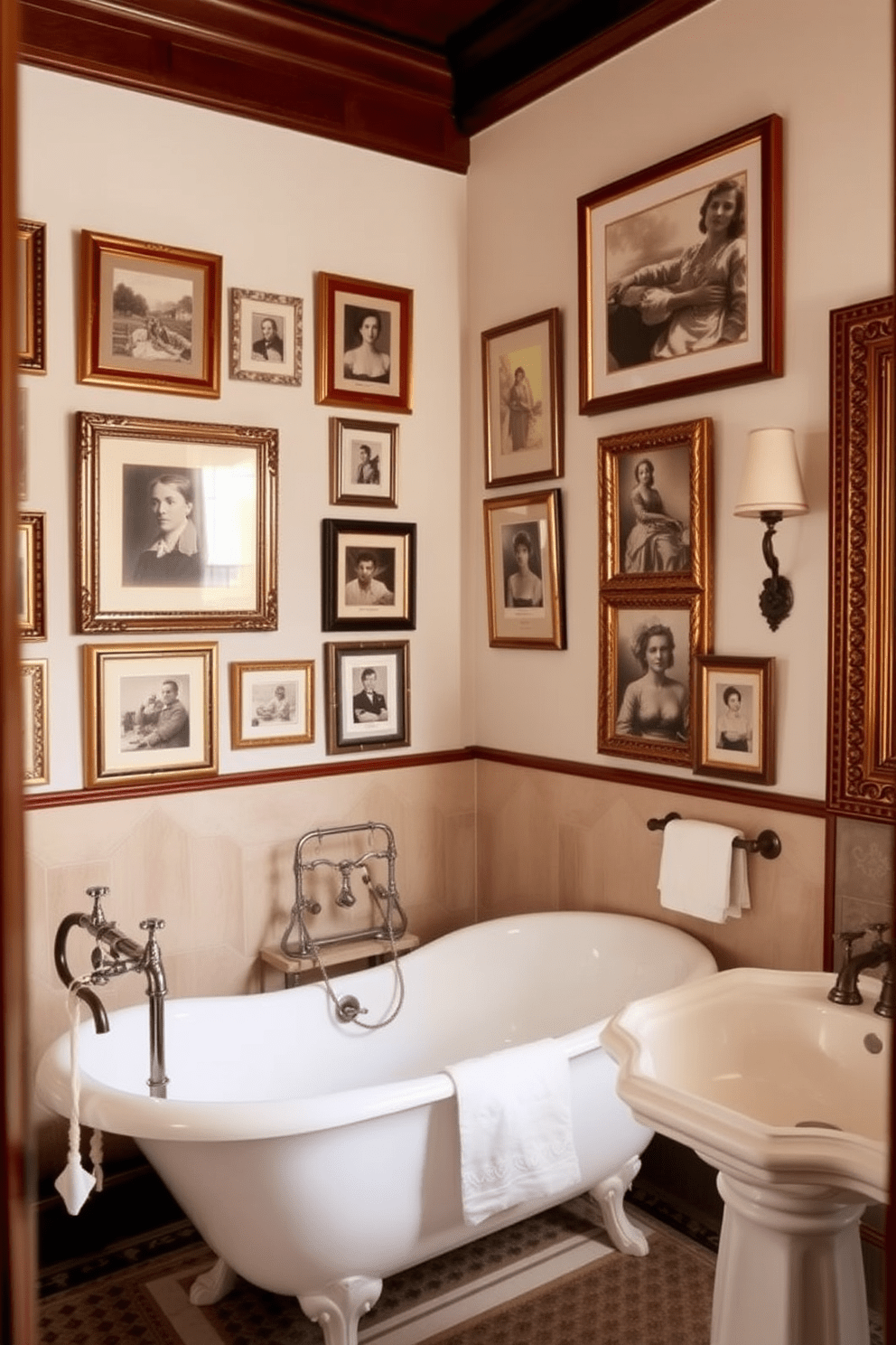 A traditional bathroom featuring elegant framed artwork that adds a personal touch to the space. The walls are adorned with classic prints in ornate frames, creating a gallery-like atmosphere. The bathroom includes a freestanding soaking tub with vintage-style fixtures and a pedestal sink. Soft, neutral colors dominate the palette, complemented by rich wood accents and intricate tile work.