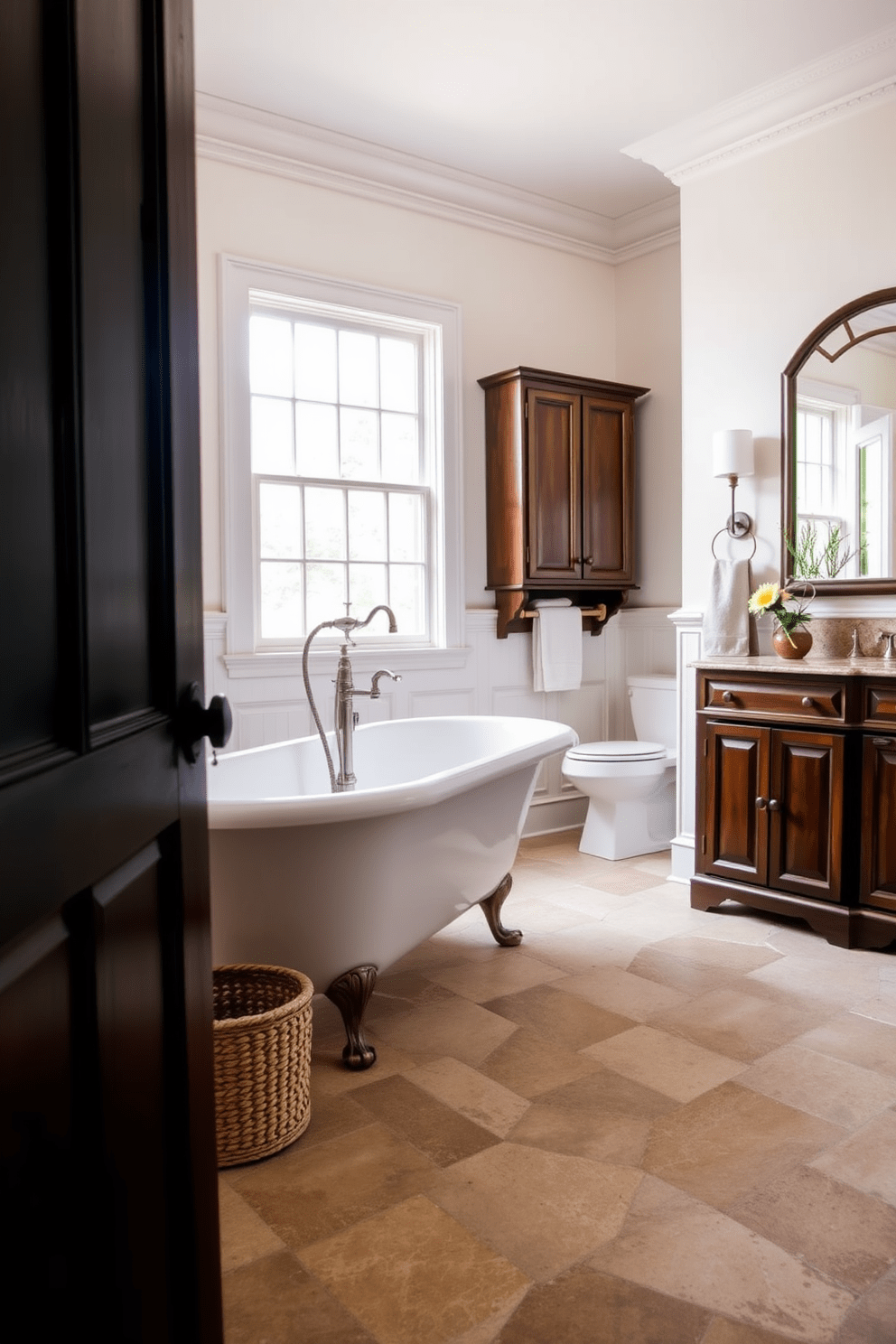 A traditional bathroom design featuring natural stone flooring that enhances durability. The space includes a freestanding soaking tub with elegant claw feet and a vintage-style faucet. The walls are adorned with classic wainscoting painted in soft white, complementing the rich, dark cabinetry. A large window allows natural light to flood the room, highlighting decorative elements like a woven basket and fresh greenery.