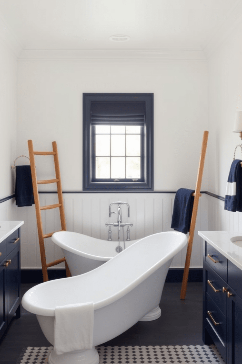 A traditional bathroom design featuring classic color combinations of white and navy. The walls are painted in a crisp white, while navy blue accents are incorporated through the cabinetry and decorative elements. The centerpiece of the room is a freestanding white soaking tub, elegantly positioned under a large window. Flanking the tub are navy blue towels neatly arranged on a wooden ladder, adding a touch of sophistication to the space.