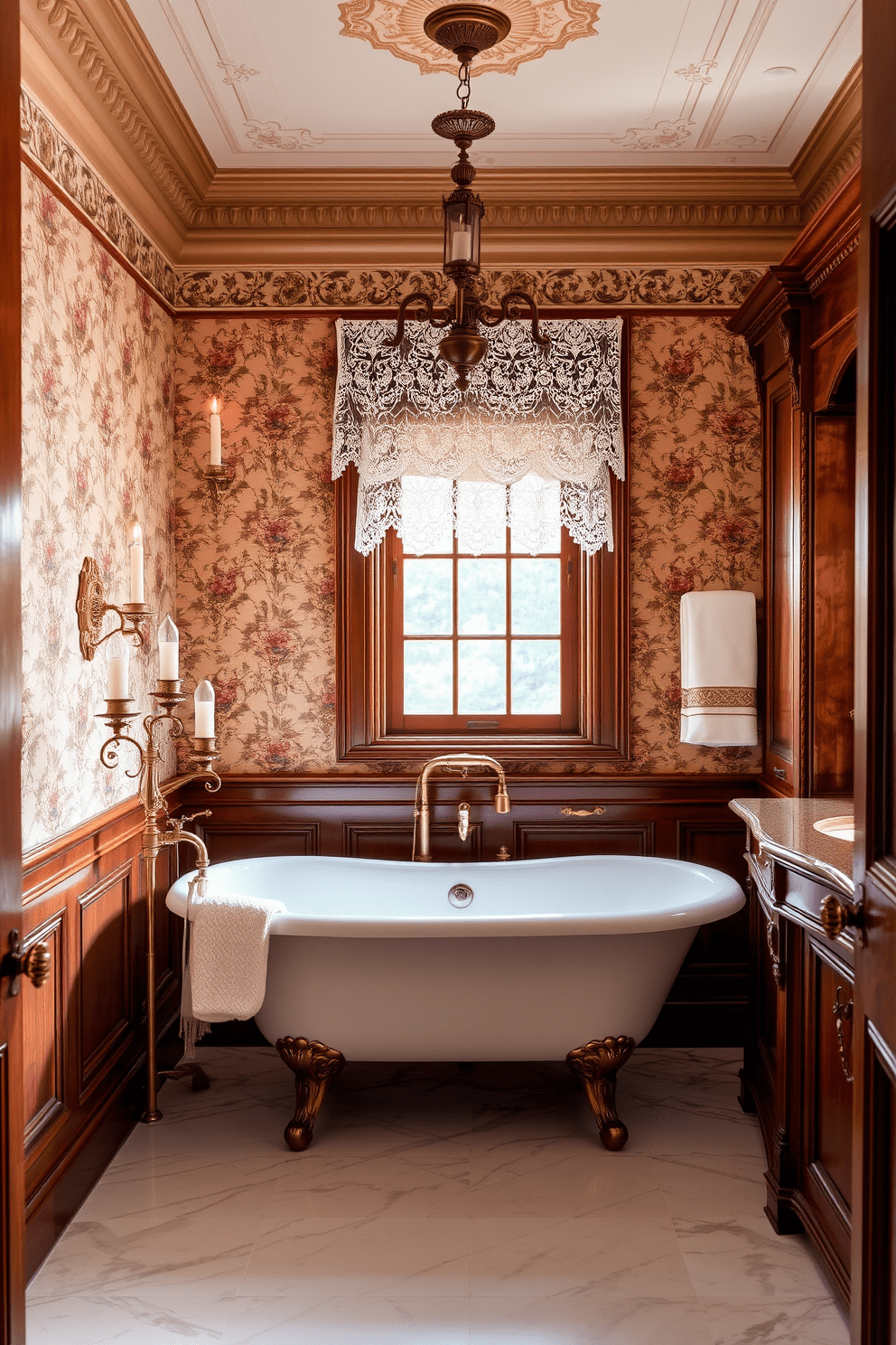 A traditional bathroom that exudes old-world charm featuring intricate moldings and vintage fixtures. The centerpiece is a freestanding clawfoot tub surrounded by ornate candle holders and a beautiful lace curtain draping over a window. Rich wooden cabinetry complements the antique-style brass faucets and hardware. The walls are adorned with classic wallpaper showcasing floral patterns, and the floor is laid with polished marble tiles that add elegance.