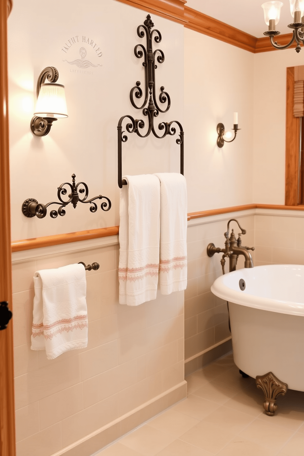 Stylish towel racks in vintage style are elegantly mounted on the walls of a traditional bathroom. The racks feature intricate wrought iron details and a distressed finish, perfectly complementing the classic fixtures and warm wood accents throughout the space. The bathroom is adorned with soft pastel tiles and a freestanding clawfoot tub that adds a touch of luxury. Antique-inspired sconces provide a warm glow, enhancing the inviting atmosphere while showcasing the vintage towel racks as a functional and decorative element.