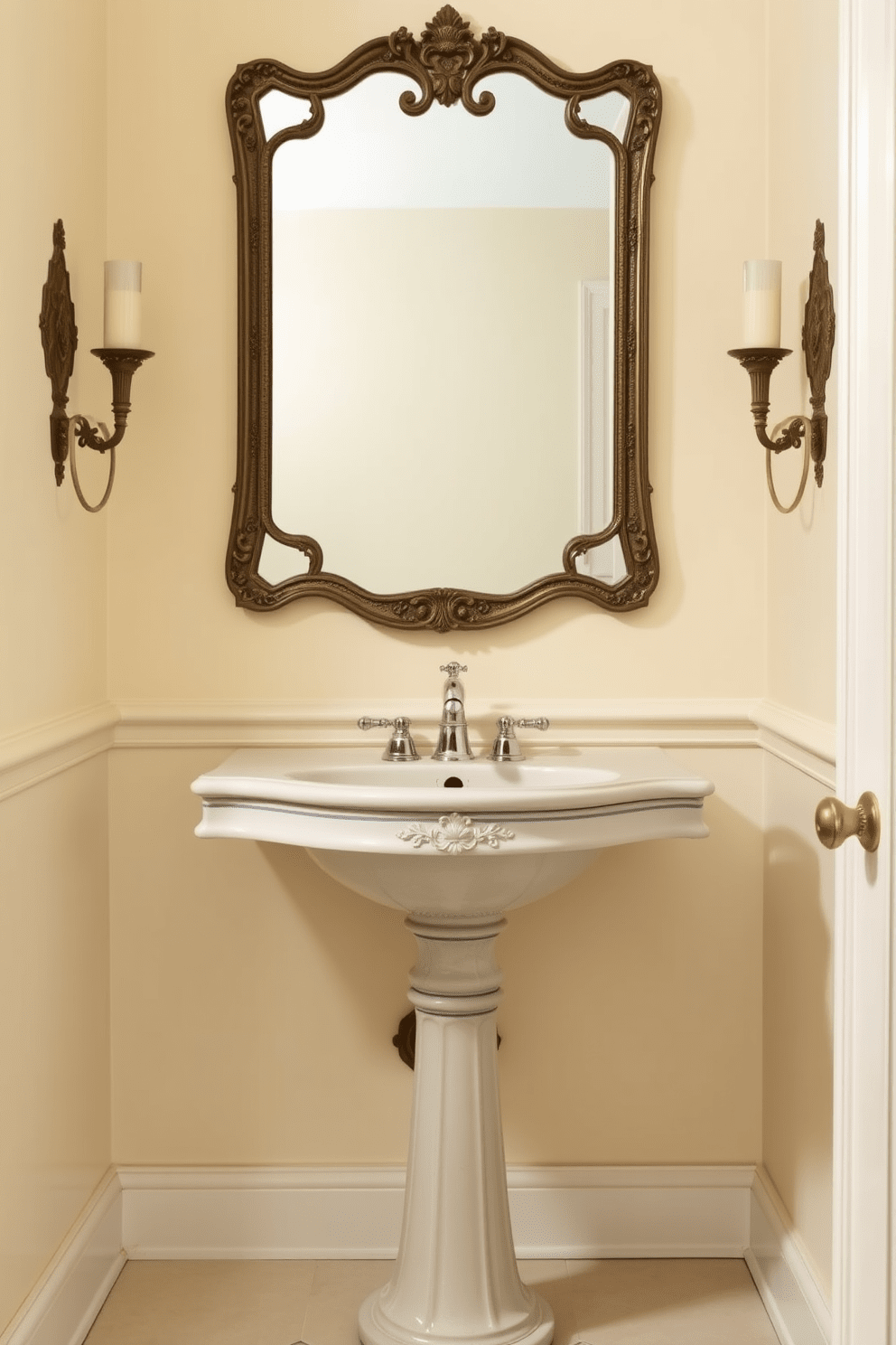 A vintage-inspired pedestal sink is the focal point of this traditional bathroom design. The sink features intricate detailing and a classic chrome faucet, set against a backdrop of soft cream-colored walls. Flanking the sink are elegant wall-mounted sconces that provide warm lighting. A large framed mirror with an ornate design hangs above, reflecting the timeless charm of the space.