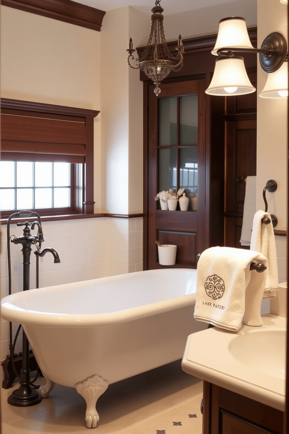 A traditional bathroom design featuring classic bath accessories that enhance the overall aesthetic. The space includes a freestanding clawfoot tub surrounded by elegant fixtures and soft lighting. The color palette consists of warm neutrals with rich wood accents to create a cozy atmosphere. Decorative elements like vintage-inspired soap dishes and ornate towel racks add charm and cohesion to the design.