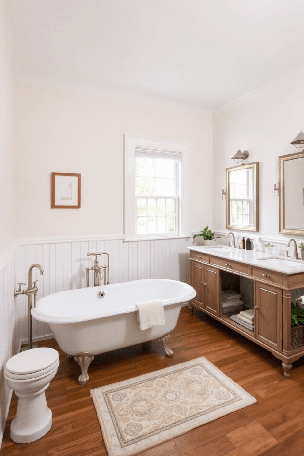 A traditional bathroom design featuring brushed nickel fixtures that add a polished touch. The space includes a freestanding bathtub with elegant claw feet, complemented by a vintage-style faucet with a handheld shower attachment. The walls are adorned with classic white beadboard wainscoting, topped with a soft pastel paint color for a serene atmosphere. A large window allows natural light to flood the room, enhancing the warmth of the wooden flooring. A double vanity with a marble countertop provides ample space, with antique-style mirrors above each sink reflecting the charming decor. Decorative elements such as plush towels, a stylish rug, and potted plants complete the inviting ambiance.