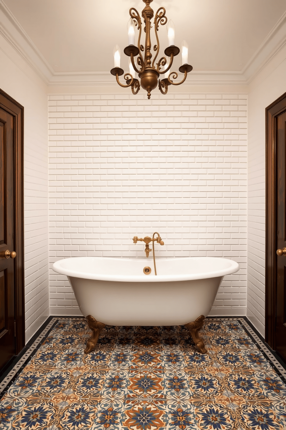 A traditional bathroom design featuring intricate tile patterns that add depth and texture to the space. The walls are adorned with classic white subway tiles, while the floor showcases a stunning mosaic of colorful geometric designs. A freestanding clawfoot bathtub sits elegantly in the center, surrounded by vintage-style fixtures in polished brass. Soft, ambient lighting from a chandelier above creates a warm and inviting atmosphere, enhancing the beauty of the intricate tile work.