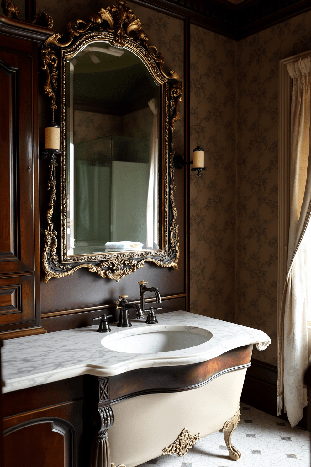 Antique mirror with ornate frame. The mirror is mounted above a vintage wooden vanity with intricate carvings and a polished marble countertop. The bathroom features a clawfoot bathtub with elegant fixtures and a classic shower curtain. Soft, warm lighting enhances the rich tones of the dark wood cabinetry and the delicate floral wallpaper.