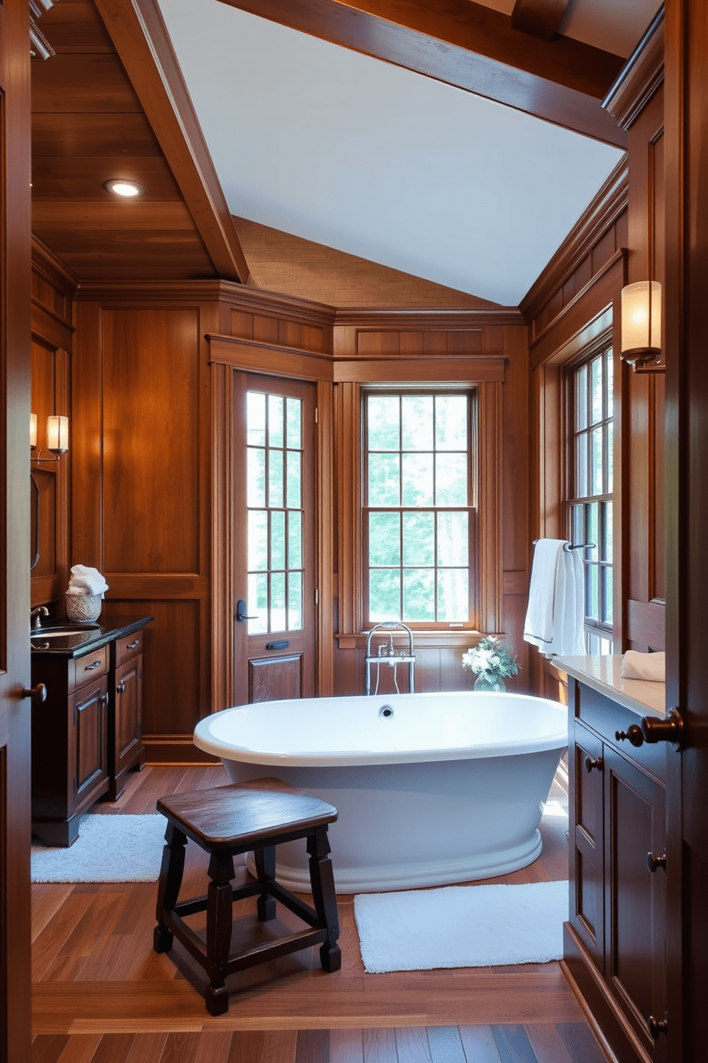 Warm wood cabinetry creates a cozy and inviting atmosphere in this traditional bathroom design. The rich tones of the cabinetry complement classic fixtures and elegant details throughout the space. The bathroom features a freestanding soaking tub surrounded by natural light from large windows. Vintage-inspired faucets and a rustic wooden stool add to the charm and warmth of the design.