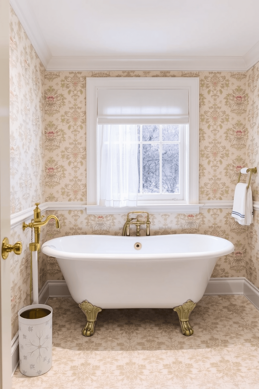 Traditional patterned wallpaper adds character and charm to a classic bathroom. The design features intricate floral motifs in soft pastel colors that create a warm and inviting atmosphere. The bathroom showcases a freestanding clawfoot tub, elegantly positioned beneath a large window with sheer white curtains. Vintage brass fixtures complement the overall aesthetic, enhancing the traditional feel of the space.