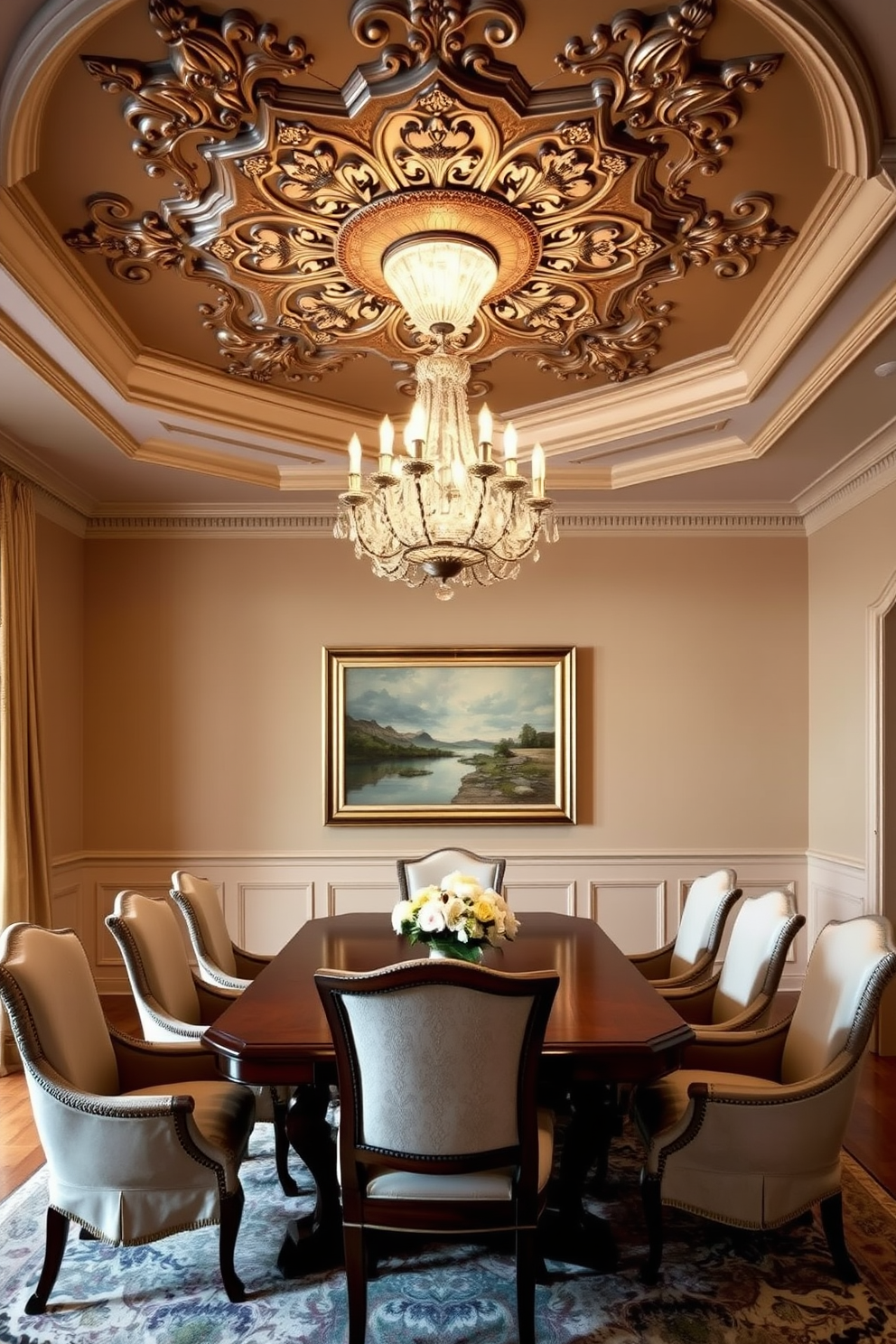 Ornate ceiling medallion with a sparkling chandelier hangs gracefully in the center of a traditional dining room. The rich wooden dining table is surrounded by elegant upholstered chairs, creating an inviting atmosphere for family gatherings. The walls are adorned with intricate wainscoting and a soft, warm color palette that enhances the classic aesthetic. A large, framed painting of a serene landscape adds a touch of sophistication to the room while a plush area rug anchors the space beneath the table.