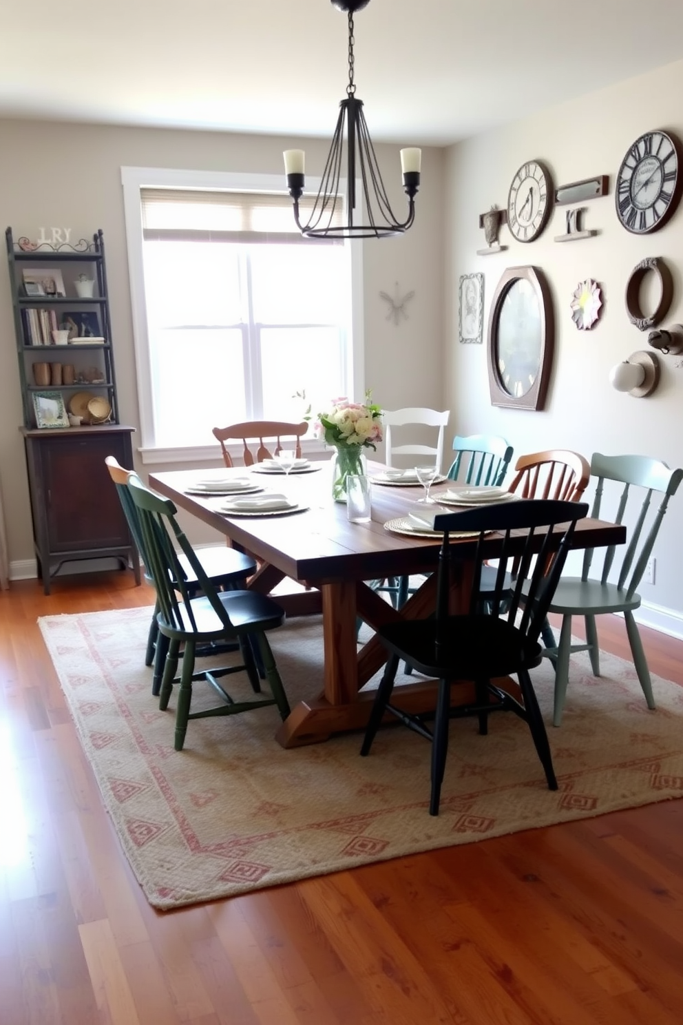 A rustic farmhouse table made of reclaimed wood sits at the center of the room surrounded by mismatched chairs in various colors and styles. The walls are adorned with vintage farmhouse decor, and a large window allows natural light to flood the space, enhancing the warm atmosphere. The table is set with simple yet elegant dinnerware, complemented by a centerpiece of fresh flowers in a mason jar. Soft, neutral tones dominate the room, with a cozy area rug anchoring the dining space and adding texture to the hardwood floor.