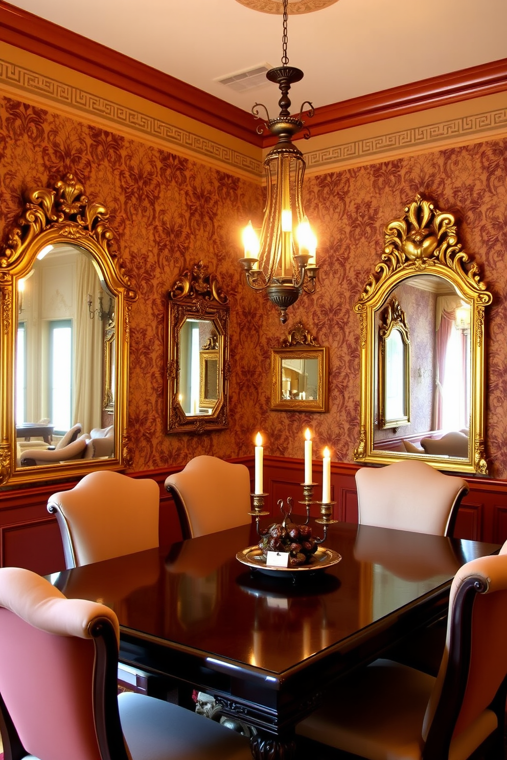 A traditional dining room featuring elegant decorative wall mirrors that create an illusion of space. The mirrors are framed in ornate gold, reflecting soft candlelight from an antique chandelier above the polished wooden dining table. The room is adorned with rich, warm colors and intricate wallpaper that complements the mirrors. Plush upholstered chairs surround the table, inviting guests to enjoy a cozy and sophisticated dining experience.