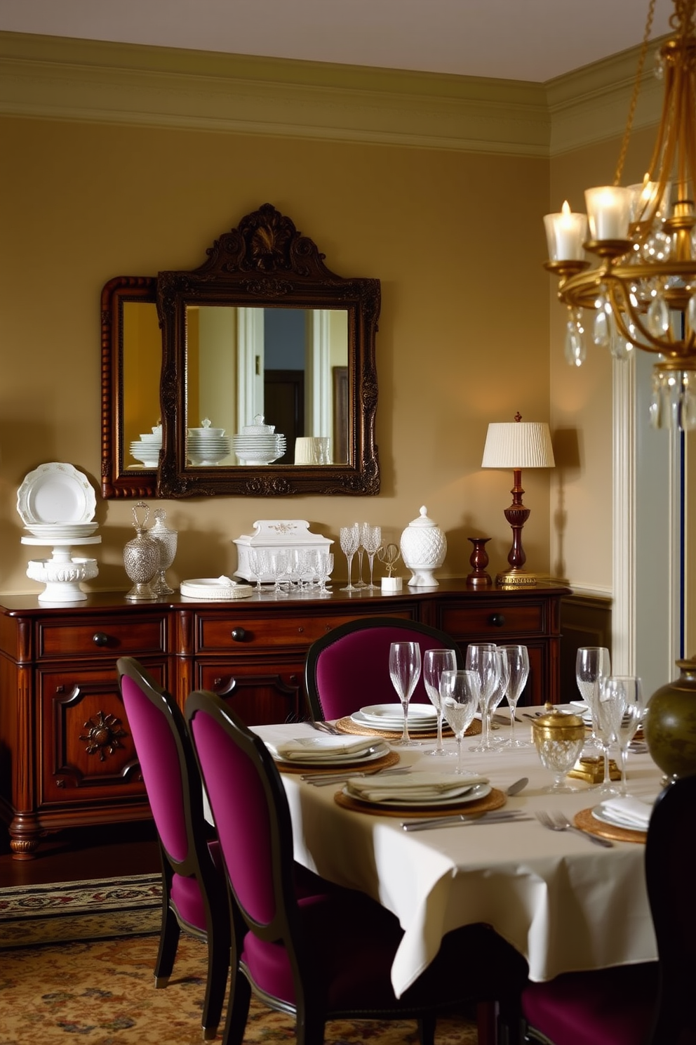 A classic buffet is positioned against the wall, showcasing elegant serving pieces arranged artfully. The buffet is made of rich mahogany with intricate carvings, and above it, a large ornate mirror reflects the room's warm ambiance. The dining table is set with fine china and crystal glassware, surrounded by upholstered chairs in a deep burgundy fabric. Soft, ambient lighting from a chandelier casts a gentle glow, enhancing the sophisticated atmosphere of the traditional dining room.