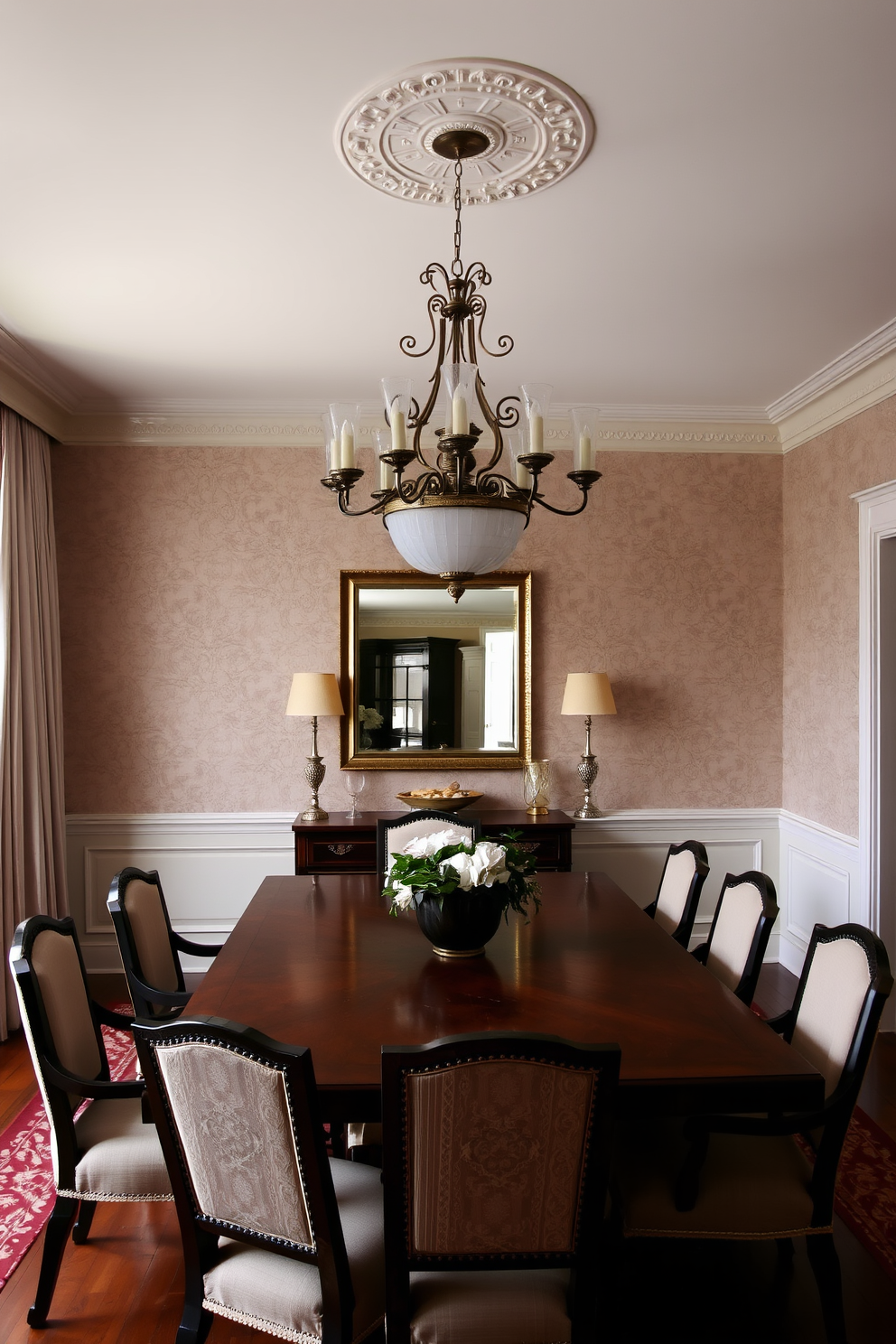 A traditional dining room featuring subtle wallpaper adorned with intricate patterns. The space includes a large wooden dining table surrounded by upholstered chairs, complemented by an elegant chandelier overhead.