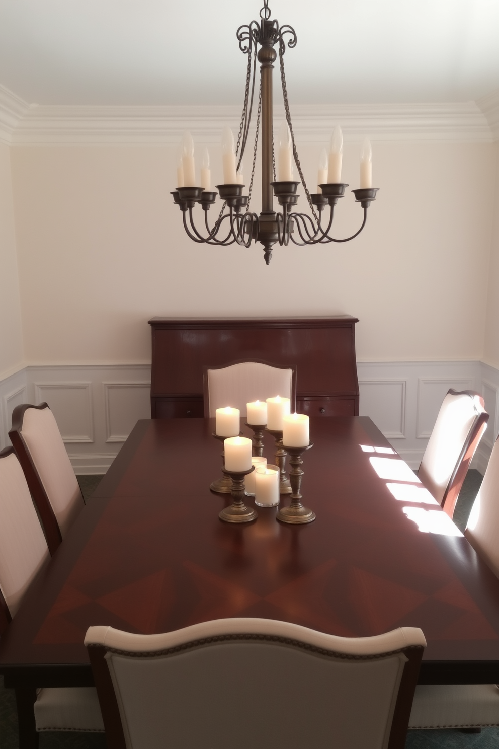 A traditional dining room setting with an elegant wooden dining table surrounded by upholstered chairs. Soft candle holders are placed at the center of the table, casting a warm glow across the room. The walls are adorned with classic wainscoting painted in a soft cream color. A large chandelier hangs above the table, complementing the ambient lighting created by the candles.