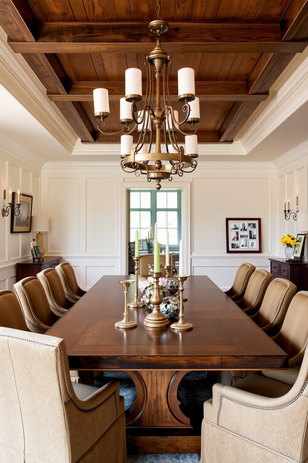 A traditional dining room featuring a large wooden table surrounded by upholstered chairs in rich fabrics. The room is illuminated by elegant light fixtures that incorporate mixed metals, adding a contemporary twist to the classic design. The walls are adorned with wainscoting painted in a soft cream color, creating a warm and inviting atmosphere. A large chandelier hangs above the table, complemented by metallic accents in the decor, such as candle holders and picture frames.