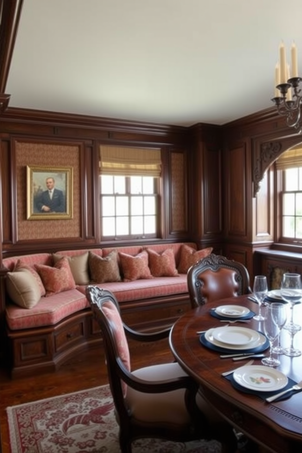 A traditional dining room featuring built-in seating adorned with plush cushions in rich fabrics. The seating is framed by elegant wood paneling, complemented by a large, ornate dining table set with fine china and sparkling glassware.