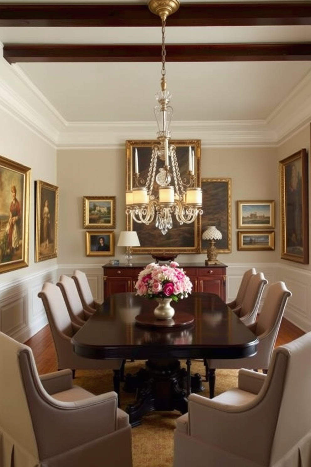 Timeless art pieces adorn the walls of a traditional dining room, creating a sophisticated and inviting atmosphere. The elegant wooden dining table is surrounded by upholstered chairs, and a stunning chandelier hangs above, casting a warm glow over the space.