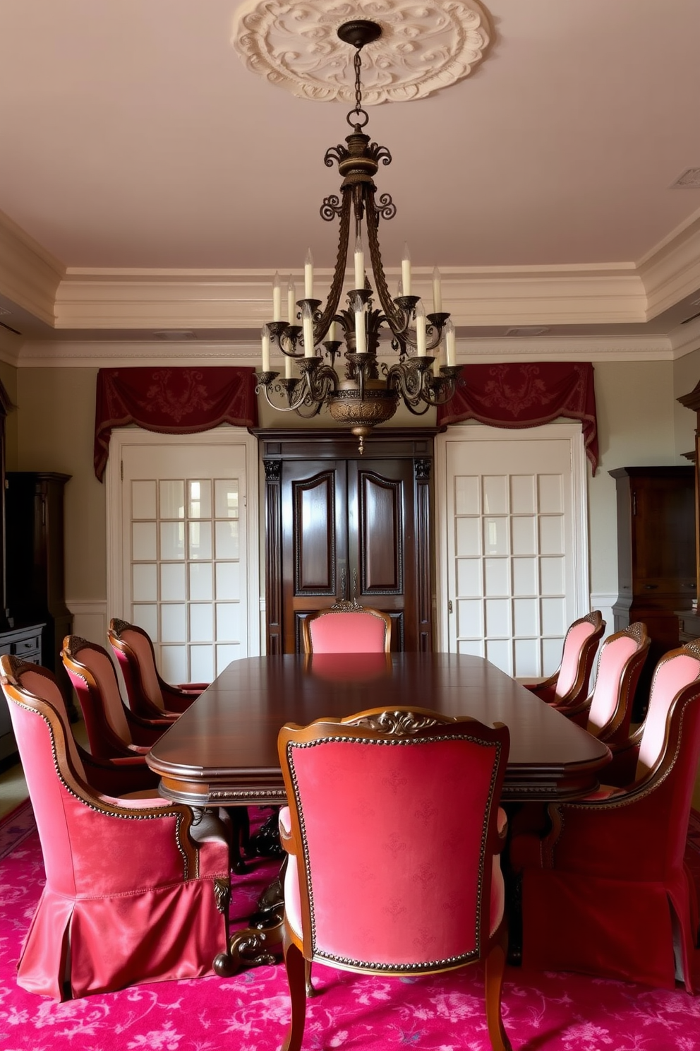 Richly upholstered dining chairs in velvet surround a grand wooden table with intricate carvings. The room features a classic chandelier hanging from the ceiling, casting a warm glow over the elegant space.