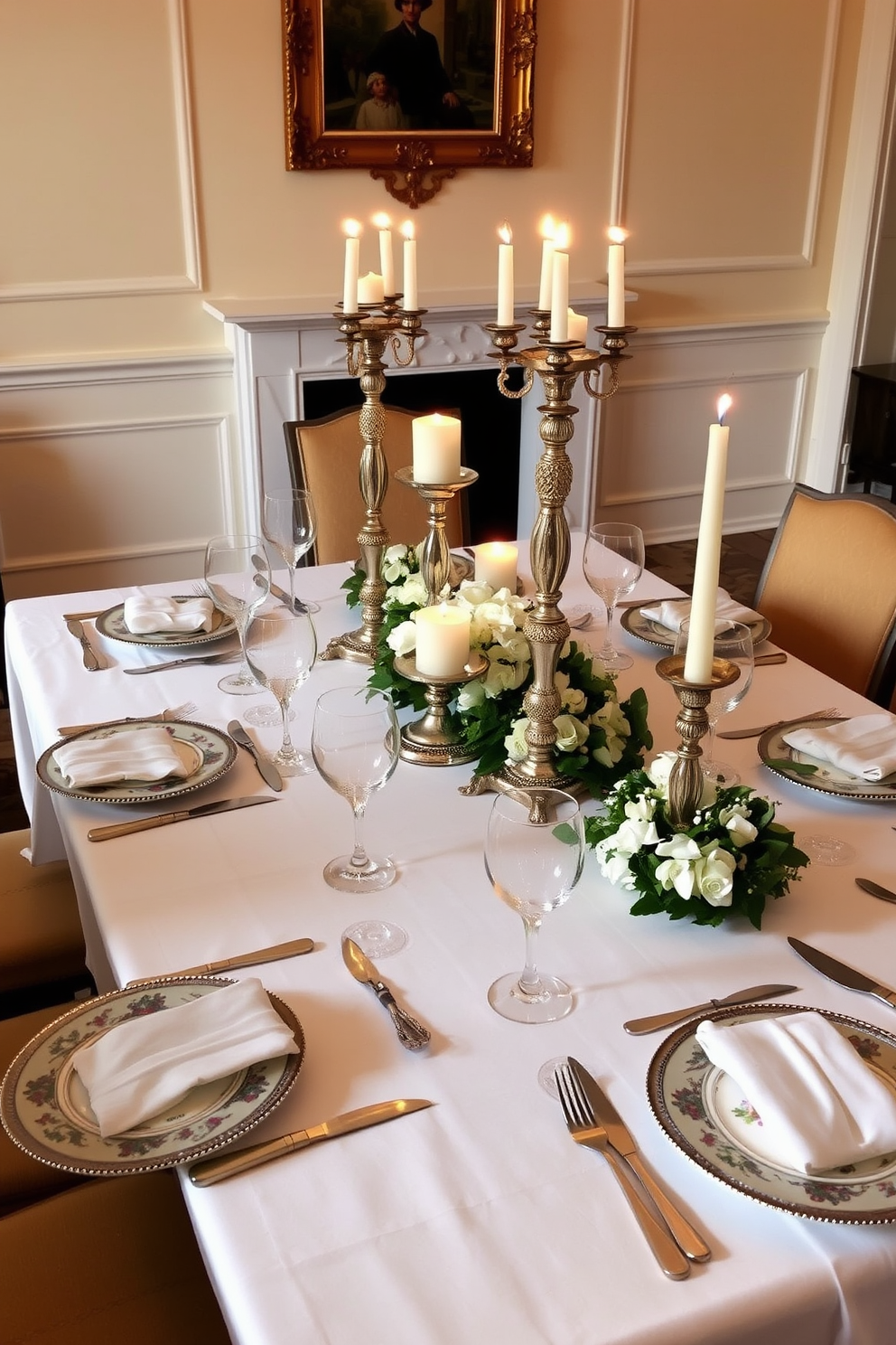 Elegant place settings with fine china. The dining table is adorned with a crisp white tablecloth, and each place setting features intricately designed plates, polished silverware, and crystal glassware. Soft candlelight flickers from ornate candelabras at the center of the table, creating a warm ambiance. Surrounding the table are upholstered chairs in rich fabrics that complement the overall color scheme of the room.