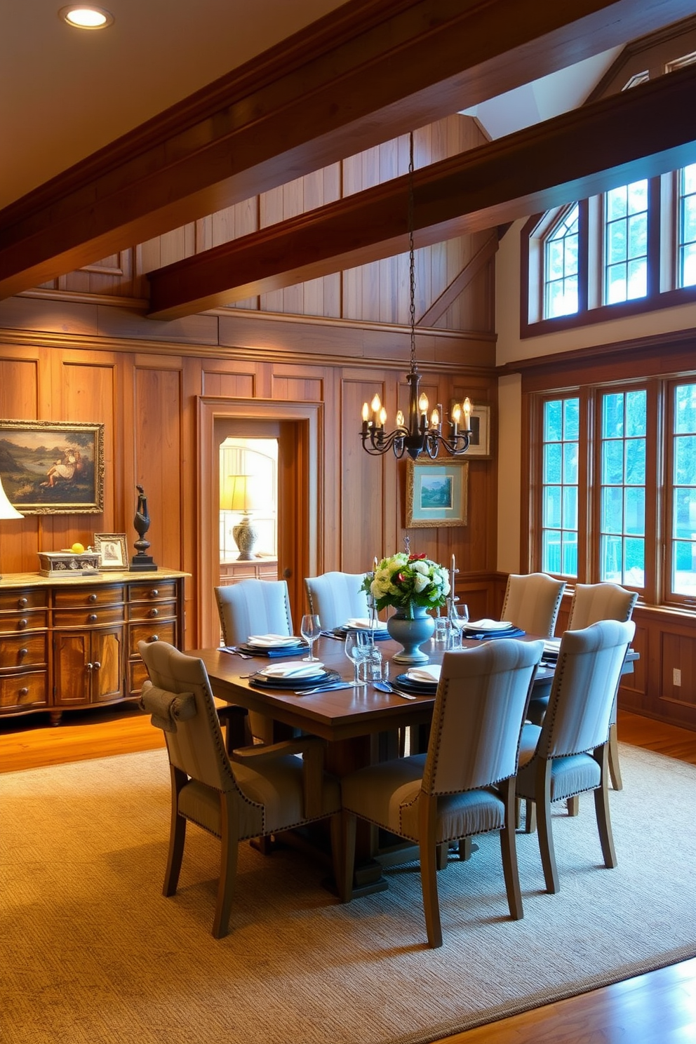 A traditional dining room featuring natural wood finishes that create a warm and inviting atmosphere. The centerpiece is a large wooden dining table surrounded by upholstered chairs, all set against a backdrop of rich wood paneling and soft, ambient lighting. On one side of the room, a vintage sideboard complements the table, adorned with elegant tableware and a decorative centerpiece. The walls are painted in a warm neutral tone, enhancing the cozy feel of the space while large windows allow natural light to flood in.