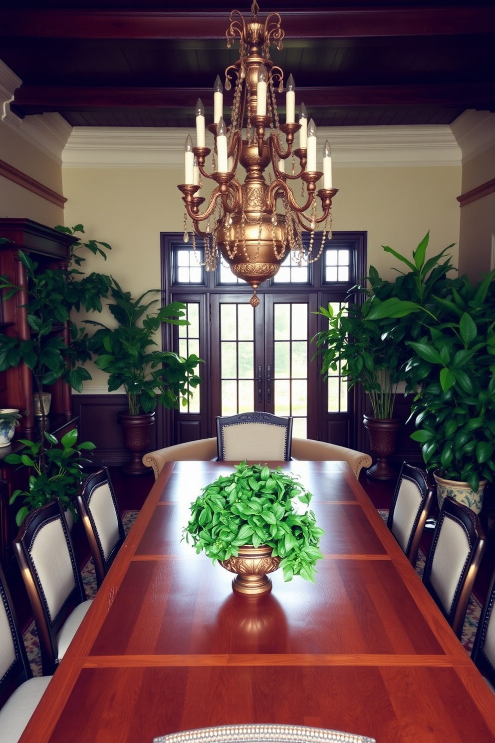 A traditional dining room filled with lush greenery in decorative pots. The large wooden dining table is surrounded by upholstered chairs, and a stunning chandelier hangs above, casting a warm glow over the space.