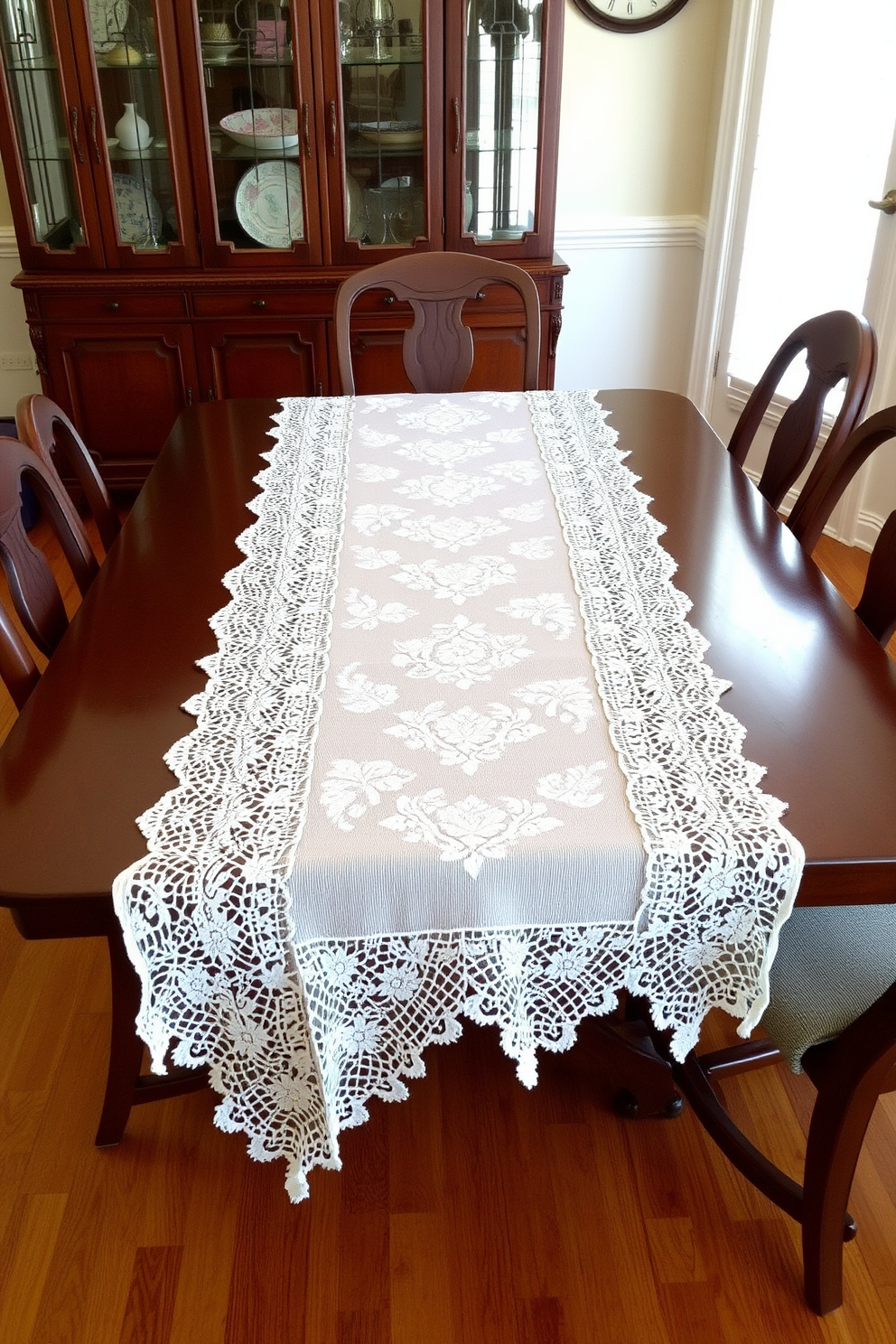 A traditional dining room features a beautiful table runner adorned with intricate lace detailing that adds elegance to the setting. The dining table is surrounded by classic wooden chairs with upholstered seats, creating a warm and inviting atmosphere.