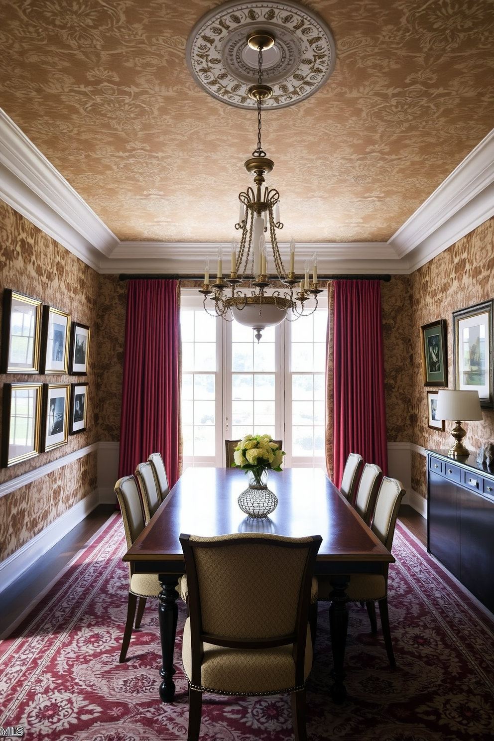 Classic prints in elegant frames adorn the walls of a traditional dining room. The room features a large wooden dining table surrounded by upholstered chairs, creating a warm and inviting atmosphere. A stunning chandelier hangs above the table, casting a soft glow over the space. Richly colored drapes frame the windows, complementing the intricate wallpaper that adds character to the room.