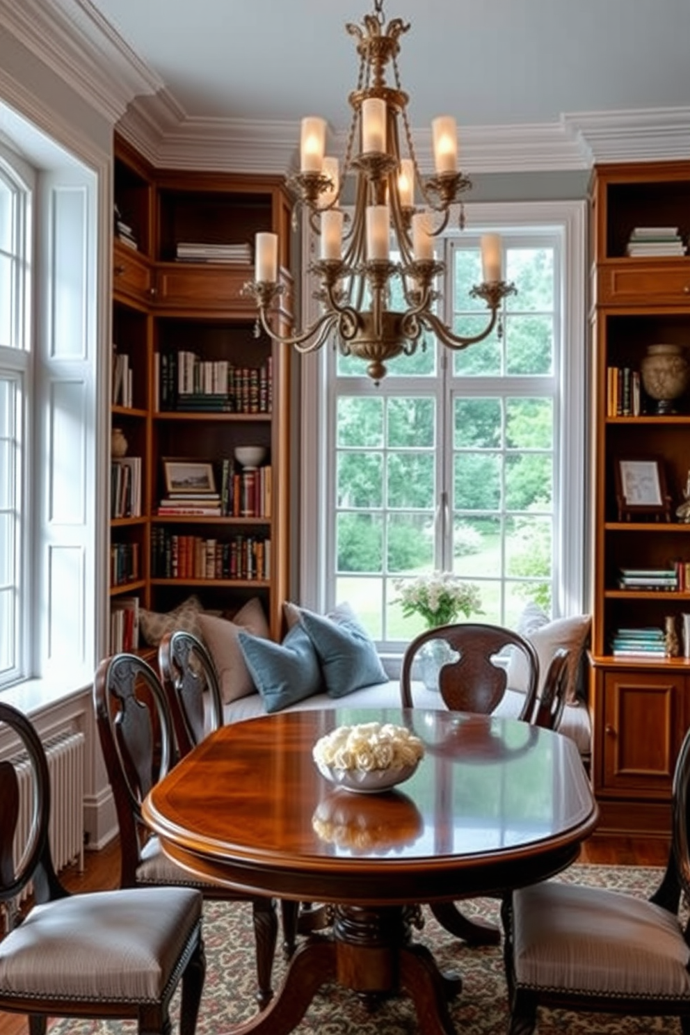 Cozy nook with a window seat. The nook features plush cushions in soft fabrics, surrounded by bookshelves filled with books and decorative items. Traditional dining room design ideas. The room includes a large wooden dining table with elegant chairs, complemented by a classic chandelier hanging above.