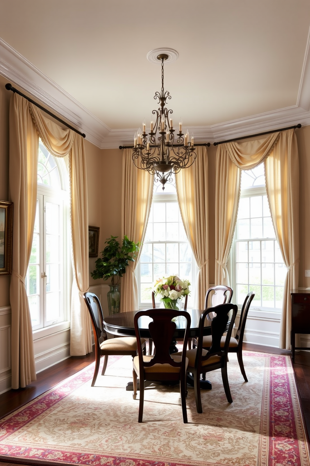 A traditional dining room features soft drapery framing large windows that allow natural light to flood the space. The room is adorned with a polished wooden dining table surrounded by upholstered chairs in rich, warm tones. A classic chandelier hangs from the ceiling, casting a warm glow over the dining area. The walls are painted in a neutral shade, complemented by elegant wainscoting and tasteful artwork that adds character to the room.