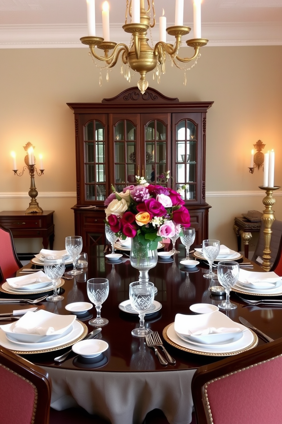 A traditional dining room setting for special occasions. The table is elegantly set with fine china, crystal glassware, and polished silverware, surrounded by upholstered chairs in rich fabrics. A centerpiece of fresh flowers in a vintage vase adds a touch of color. Soft candlelight flickers from ornate candlesticks placed at either end of the table, enhancing the warm atmosphere.