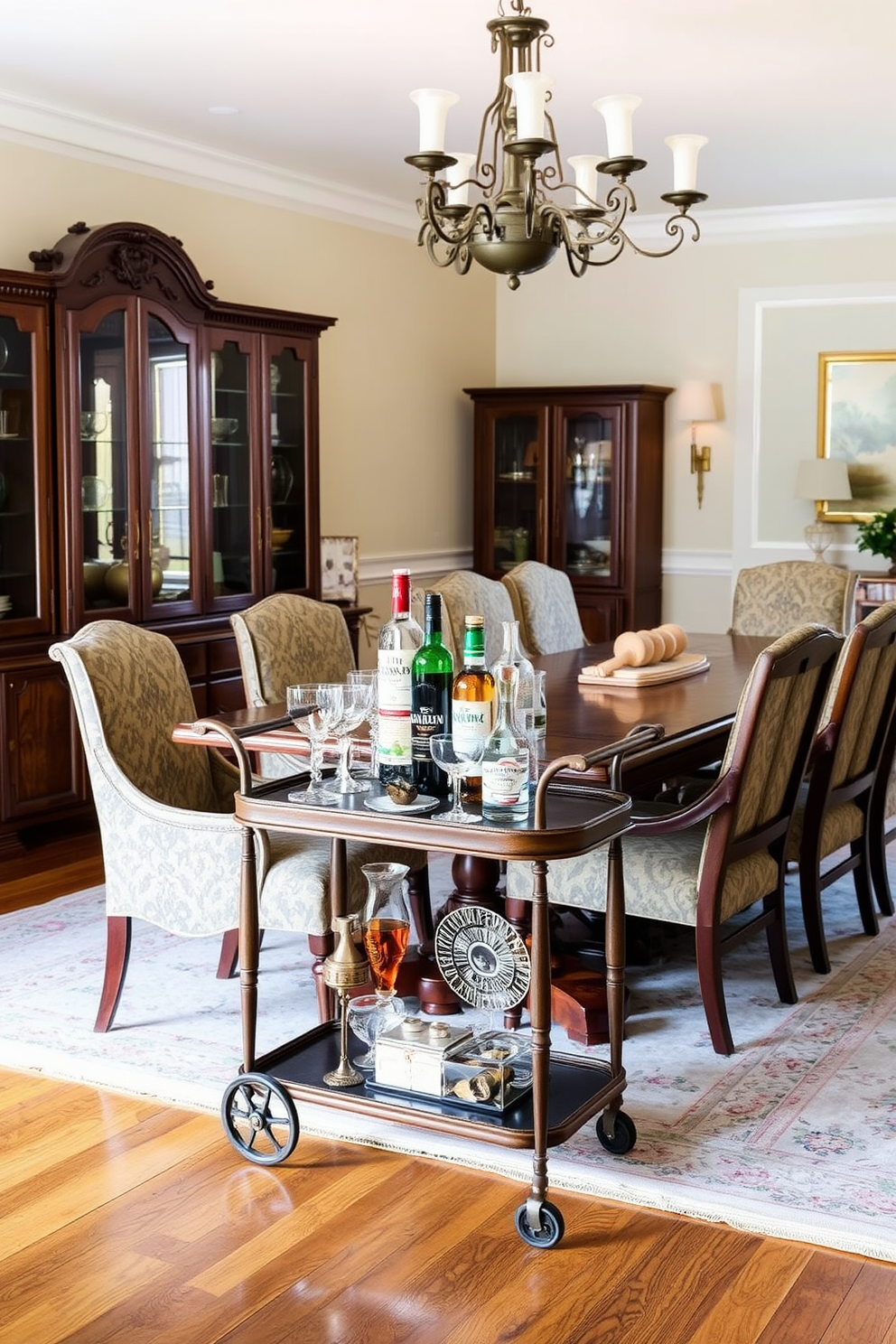 A vintage serving cart is elegantly placed in the corner of a traditional dining room. The cart is adorned with polished glassware and a selection of fine spirits, adding a touch of sophistication to the space. The dining room features a large wooden table surrounded by upholstered chairs with intricate patterns. Soft lighting from a classic chandelier illuminates the room, enhancing the warm tones of the wood and fabric.