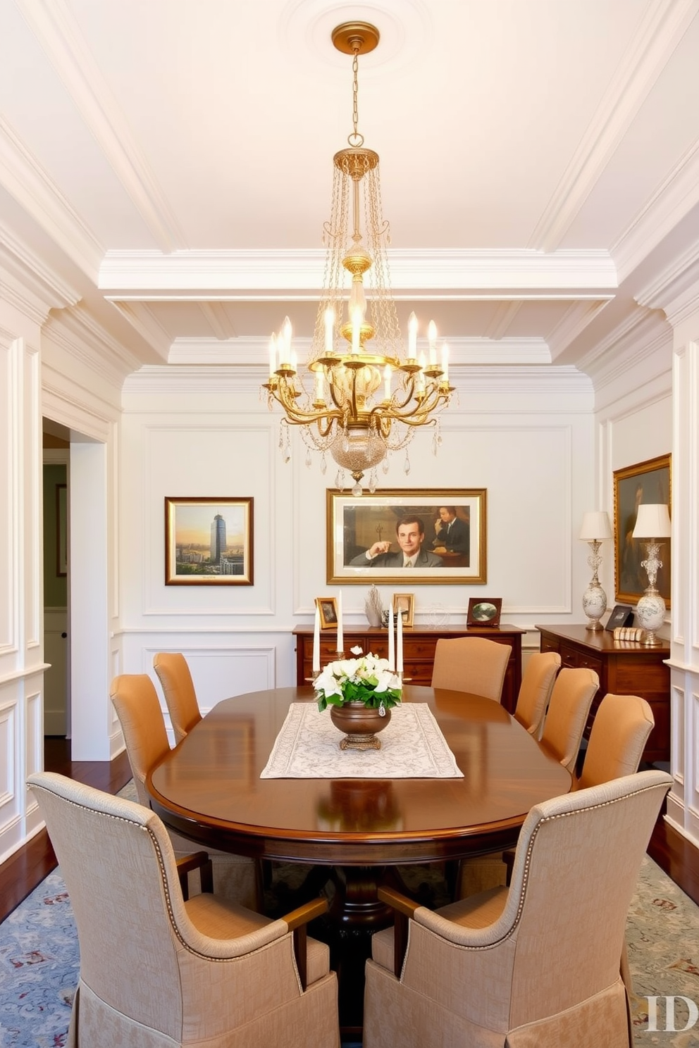 A classic dining room features elegant white wainscoting that adds depth and sophistication to the space. The crown molding enhances the room's traditional aesthetic, creating a seamless transition between the walls and ceiling. A large wooden dining table sits at the center, surrounded by upholstered chairs in a rich fabric. A stunning chandelier hangs above, casting a warm glow over the gathering area, while a sideboard displays fine china and decorative accents.