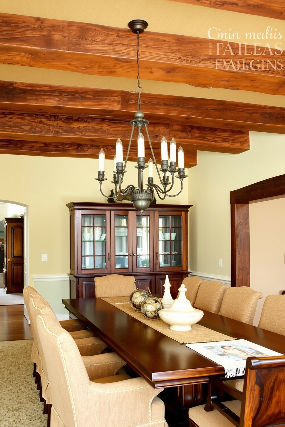 A traditional dining room featuring rustic beams on the ceiling adds character and warmth to the space. The room is adorned with a large wooden dining table surrounded by upholstered chairs in earthy tones. A vintage chandelier hangs above the table, casting a soft glow on the rich wood finishes. The walls are painted in a warm cream color, complementing the natural textures of the beams and furniture.