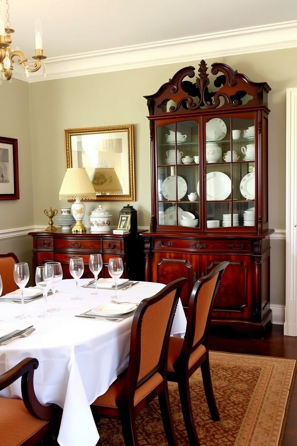 A beautifully crafted antique sideboard stands against the wall, showcasing an exquisite collection of fine china. The sideboard is adorned with intricate carvings and a rich mahogany finish, adding a touch of elegance to the room. The dining table is set with a classic white tablecloth and elegant silverware, inviting family gatherings and special occasions. Surrounding the table are upholstered chairs in a warm fabric, complementing the overall traditional aesthetic of the dining room.