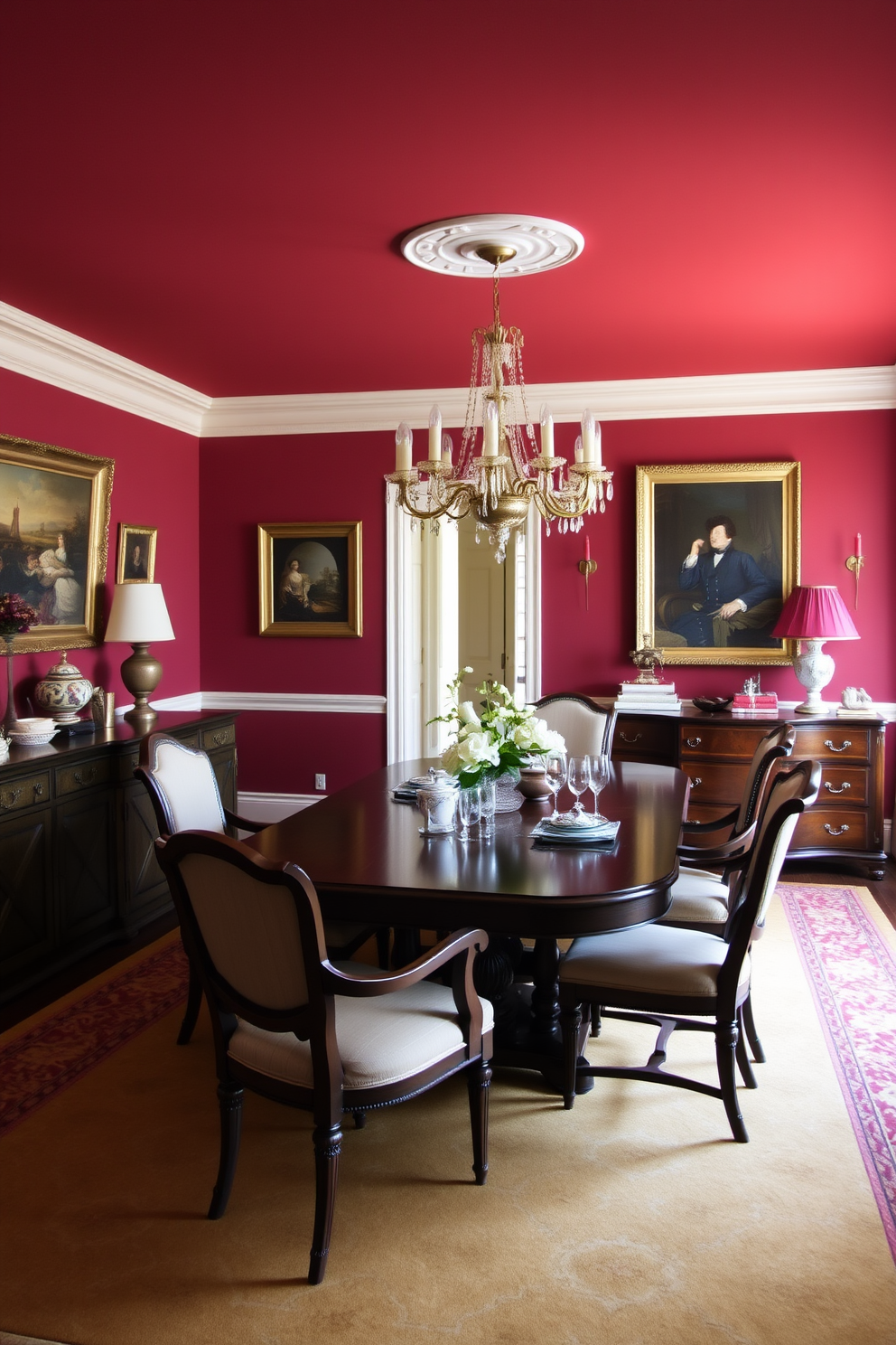 A traditional dining room featuring a warm color palette with deep reds is elegantly designed for comfort and style. The room includes a large wooden dining table surrounded by plush upholstered chairs, all set against rich burgundy walls adorned with classic artwork. A beautiful chandelier hangs above the table, casting a soft glow over the space. To one side, a vintage sideboard displays fine china and decorative pieces, complemented by a warm-toned area rug underfoot.