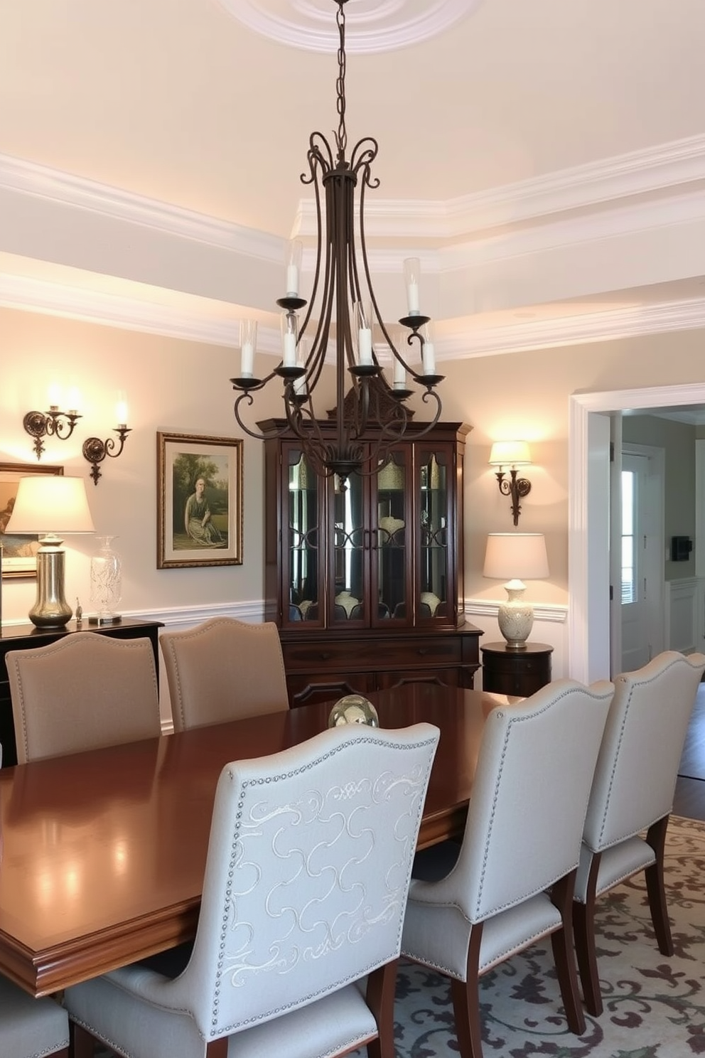 A traditional dining room featuring elegant layered lighting that includes wall sconces and table lamps. The room is adorned with a large wooden dining table surrounded by upholstered chairs, and a classic chandelier hangs above, creating a warm and inviting atmosphere.