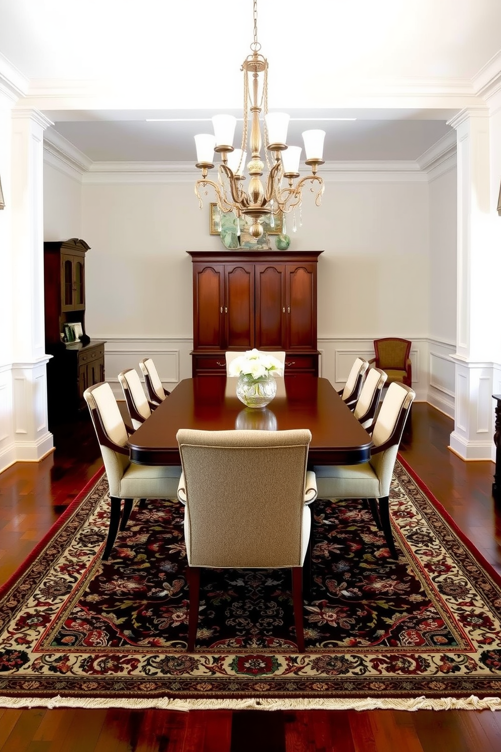 A traditional dining room featuring a large wooden dining table surrounded by upholstered chairs. Under the table lies a richly patterned area rug that adds warmth and texture to the space. The walls are adorned with classic wainscoting and a soft neutral paint color, creating an inviting atmosphere. A stunning chandelier hangs above the table, providing elegant lighting for family gatherings.