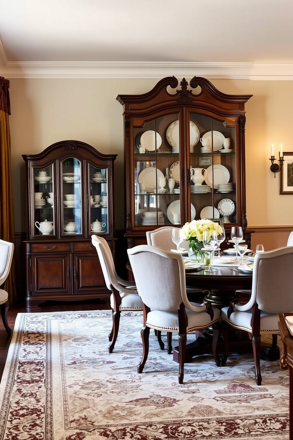 A vintage china cabinet stands against the wall, showcasing an array of delicate heirlooms and fine china. The dining table is set with elegant tableware, surrounded by upholstered chairs that enhance the traditional ambiance. Soft, warm lighting illuminates the room, creating an inviting atmosphere for family gatherings. Rich wooden accents and a detailed area rug add depth and character to the overall design.