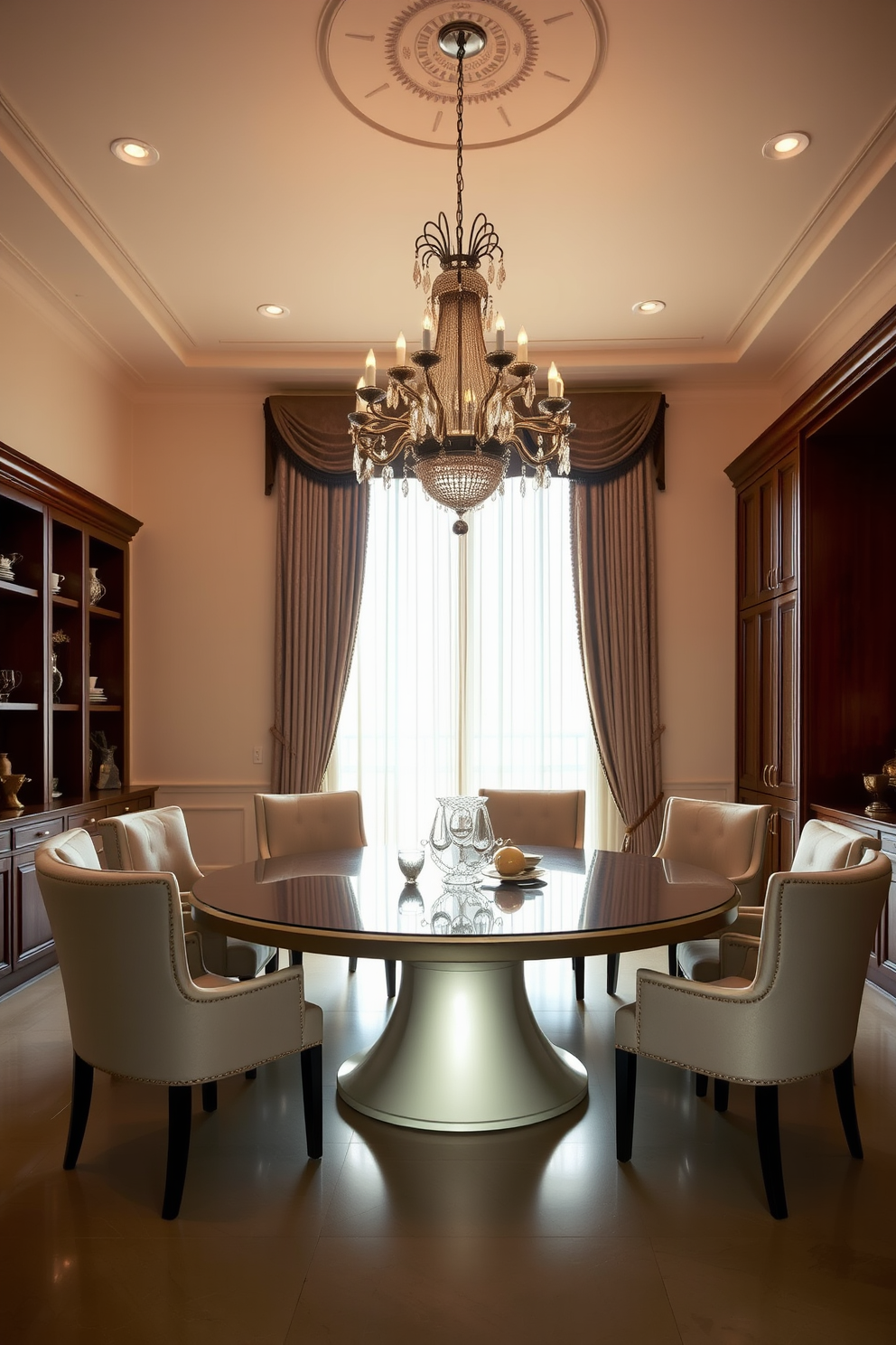 A large round table is the centerpiece of the dining room, surrounded by plush upholstered chairs that invite conversation. The walls are painted in a warm cream color, and a stunning chandelier hangs above the table, casting a soft glow over the space. Rich wooden cabinetry lines one wall, showcasing elegant dinnerware and decorative pieces. A large window draped with sheer curtains allows natural light to fill the room, enhancing the cozy and inviting atmosphere.