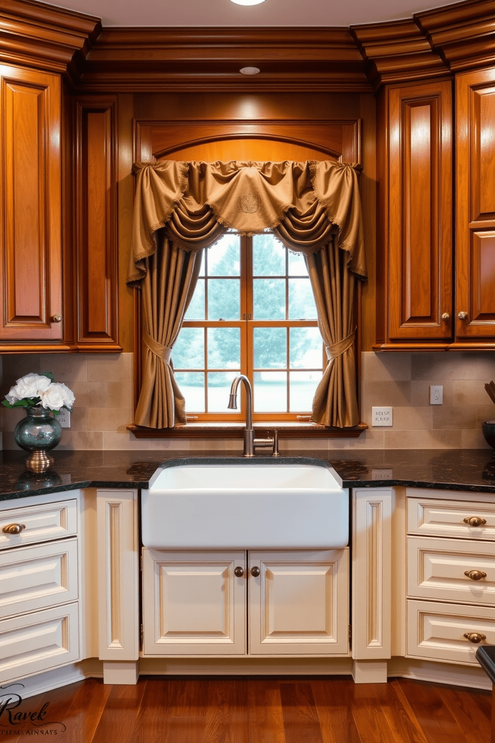 A traditional kitchen design featuring warm wood cabinetry with intricate detailing. The space is enhanced by brass or copper hardware, adding a classic touch to the overall aesthetic. The countertops are made of rich, dark granite, providing a striking contrast to the lighter cabinetry. A large farmhouse sink is centered beneath a window, framed by elegant curtains that complement the kitchen's color scheme.