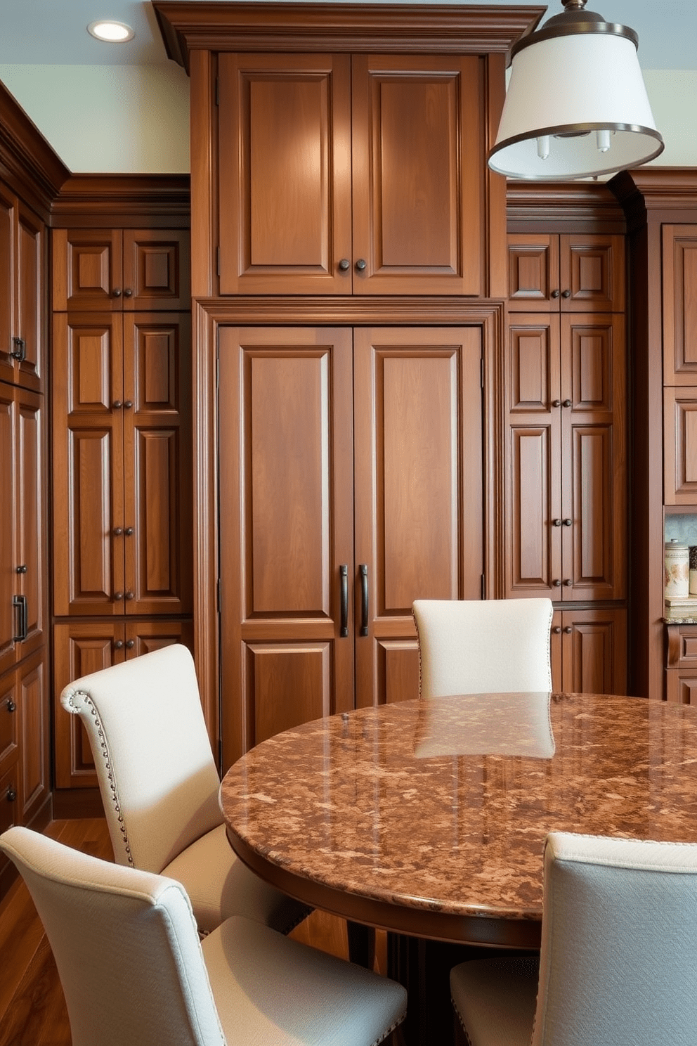 A built-in pantry with traditional paneling features elegant wood cabinetry that reaches the ceiling. The doors are adorned with classic panel designs, creating a timeless look that complements the overall kitchen aesthetic. In the kitchen, a spacious island sits at the center, topped with a rich granite surface. Surrounding the island are high-backed chairs upholstered in soft fabric, inviting family gatherings and casual dining.