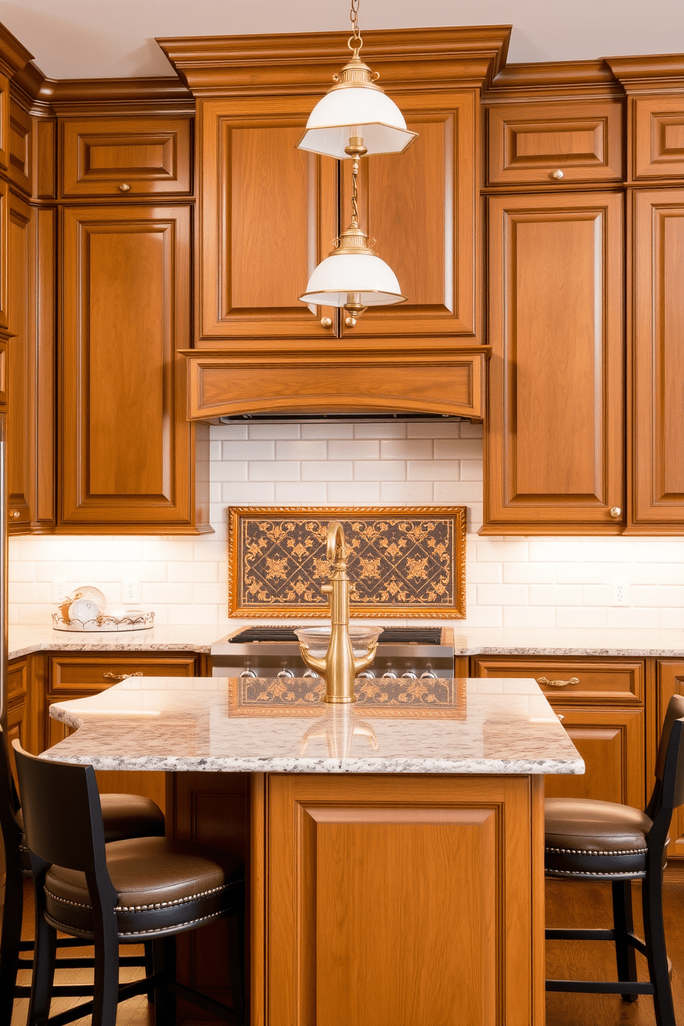 A traditional kitchen design featuring raised-panel cabinet doors that add depth and character to the space. The cabinetry is finished in a warm, rich wood tone, complemented by a classic subway tile backsplash and elegant brass hardware. A large central island serves as both a functional workspace and a gathering spot for family and friends. The island is topped with a beautiful granite surface, surrounded by comfortable bar stools for casual dining.