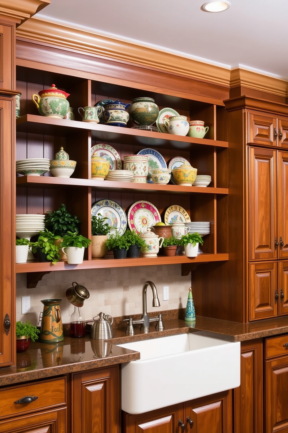 Open shelving displays an array of decorative items including colorful dishware and potted herbs. The kitchen features classic wooden cabinetry with intricate moldings and a farmhouse sink, creating a warm and inviting atmosphere.