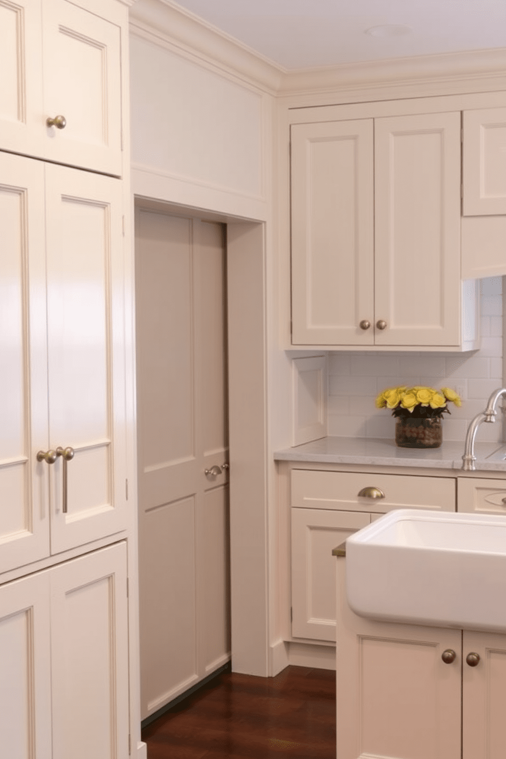 A traditional kitchen design featuring elegant wainscoting on the walls to add texture and depth. The cabinetry is painted in a soft cream color with brass hardware, complemented by a large farmhouse sink and a classic subway tile backsplash.