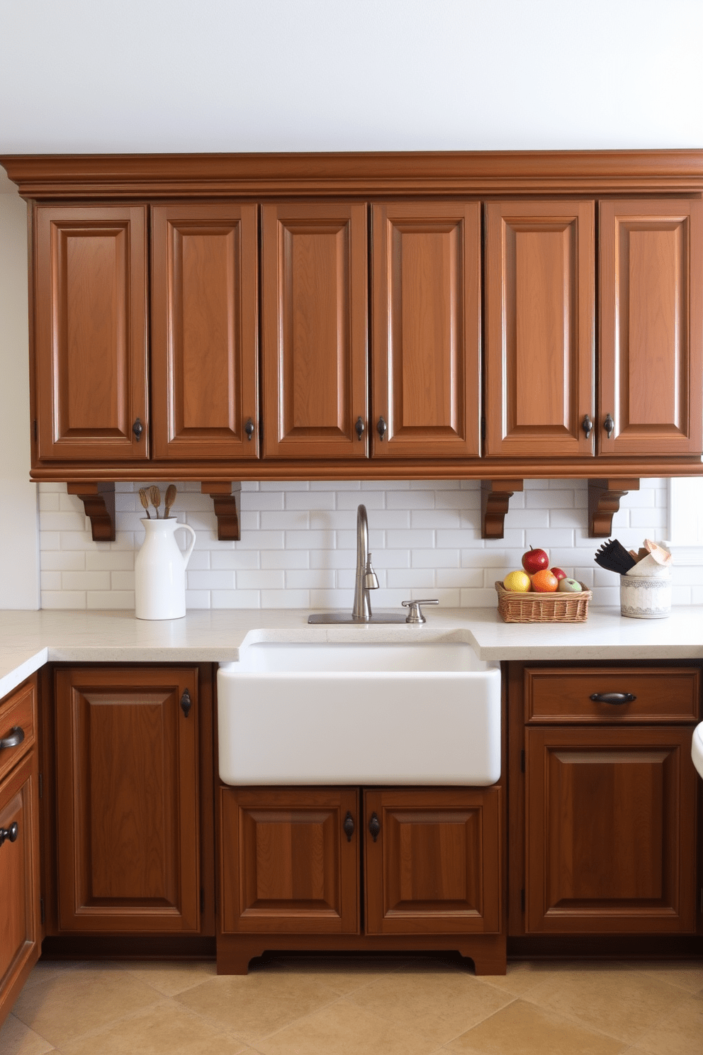 A traditional kitchen featuring decorative corbels under the countertops adds elegance and charm. The cabinets are a rich wood finish, complemented by a classic subway tile backsplash and a spacious farmhouse sink.