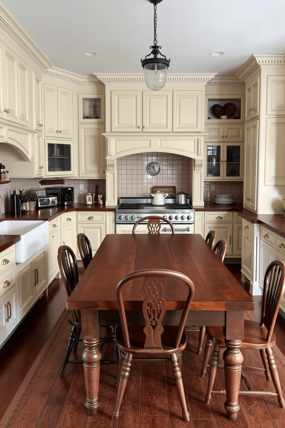 A traditional kitchen featuring vintage-inspired appliances that evoke a sense of nostalgia. The cabinetry is painted in a soft cream color with intricate moldings and brass hardware, complemented by a farmhouse sink and a classic range stove. The countertops are made of rich, dark wood that adds warmth to the space. A large, rustic dining table sits in the center, surrounded by mismatched chairs that enhance the vintage charm.