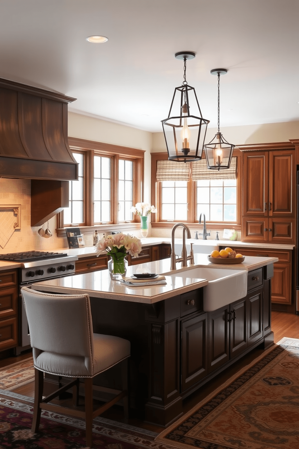 Soft area rugs to warm up the space. The kitchen features a cozy layout with rich wooden cabinets and a large farmhouse sink. Traditional kitchen design ideas include a central island with bar seating. Elegant pendant lights hang above the island, illuminating the space with a warm glow.