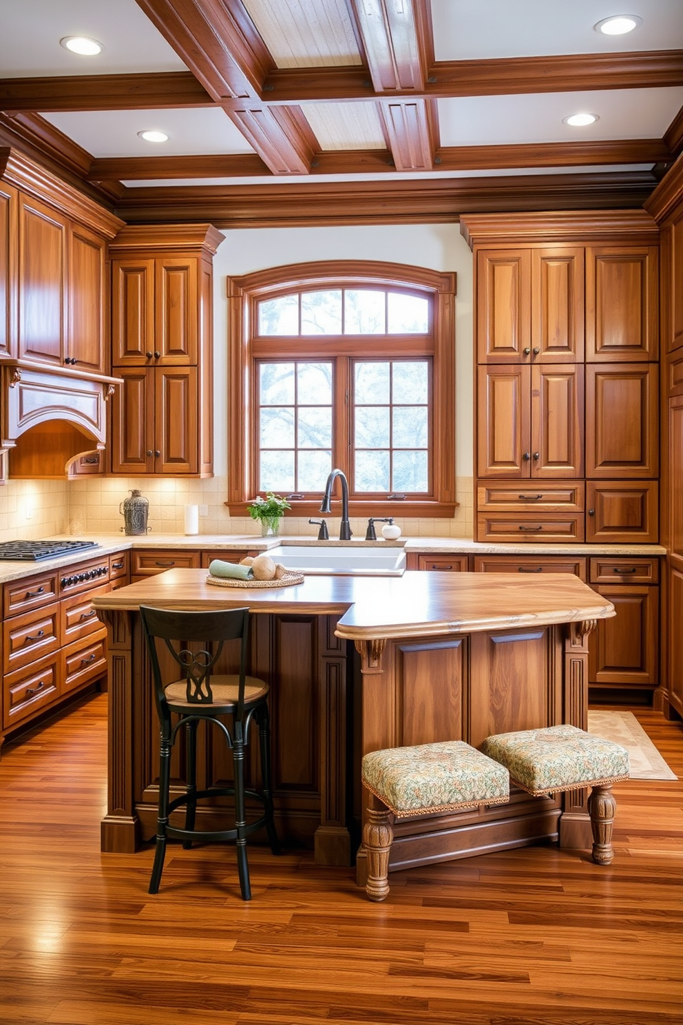 A traditional kitchen design featuring warm wood tones for cabinetry and flooring. The space includes a large central island with bar seating and intricate crown molding along the cabinets. The countertops are made of natural stone, complementing the rich wood hues. A farmhouse sink sits beneath a window, with vintage-style fixtures adding character to the space.