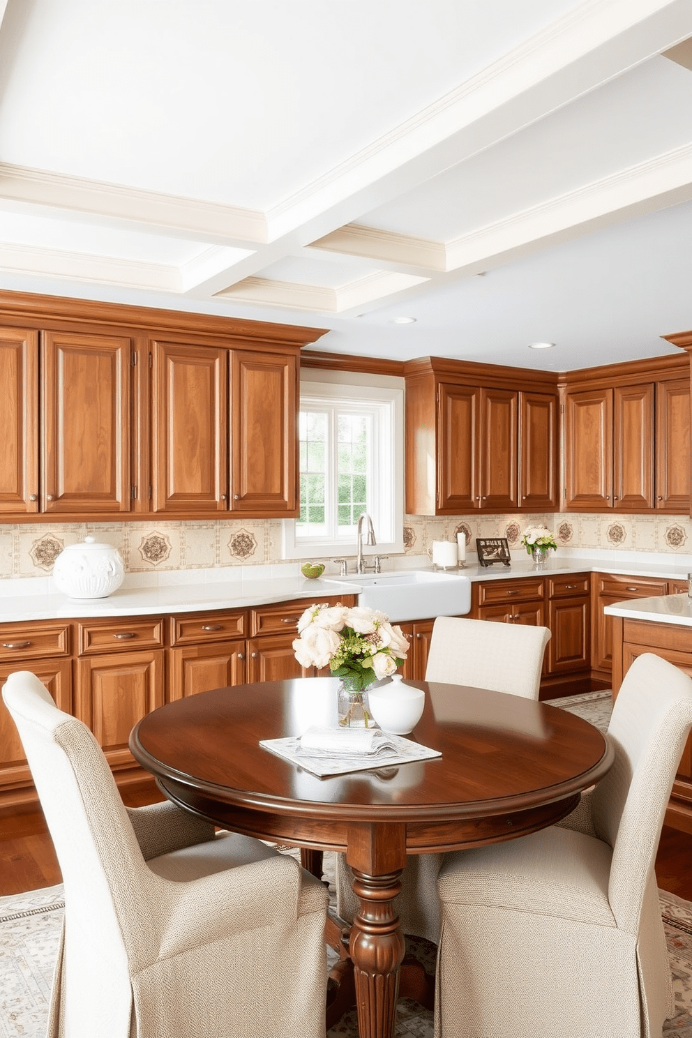 A classic dining table is seamlessly integrated into the kitchen space, featuring a rich wooden finish that complements the cabinetry. Surrounding the table are upholstered chairs in a soft fabric, creating a warm and inviting atmosphere for family gatherings. The kitchen showcases traditional design elements, including intricate crown molding and a farmhouse sink. Warm, neutral tones dominate the color palette, with decorative tile backsplashes adding a touch of elegance.