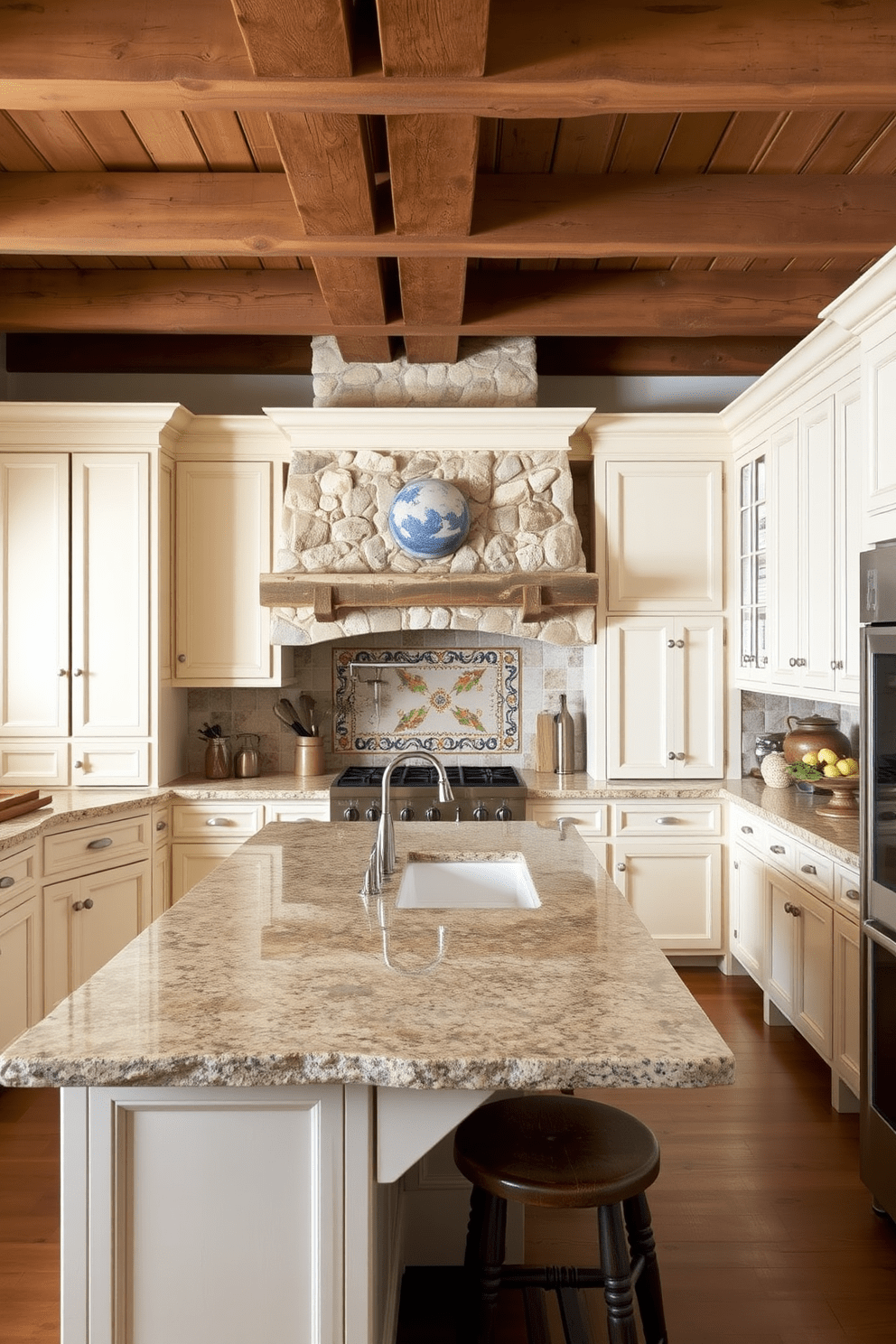 A traditional kitchen design featuring natural stone accents that evoke a rustic charm. The cabinetry is painted in a warm cream color, complemented by a large kitchen island topped with a rough-hewn granite surface. Exposed wooden beams grace the ceiling, adding warmth and character to the space. A farmhouse sink is set into the island, surrounded by vintage-style fixtures and a backsplash of hand-painted ceramic tiles.